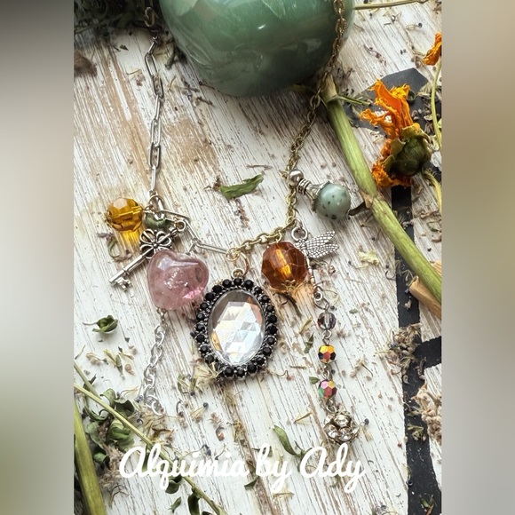 Mixed Charm Necklace with Crystal Heart & Feather